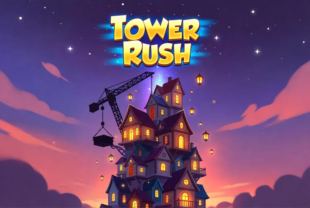 The Tower Rush tower lit up against the night skyline